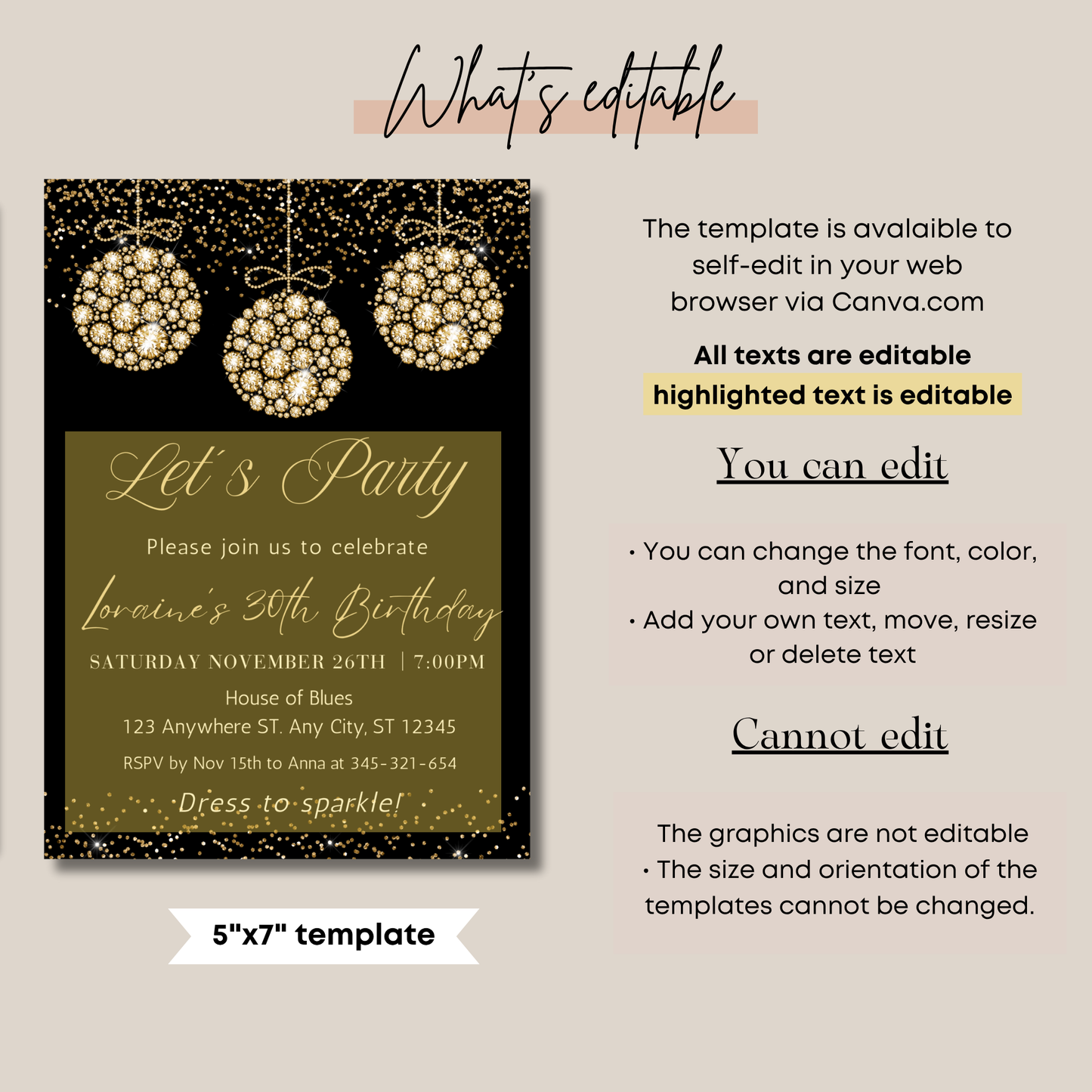 Gold Diamonds Ornaments Birthday Invite