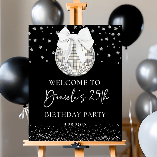 White Bow Disco Ball Birthday welcome Sign