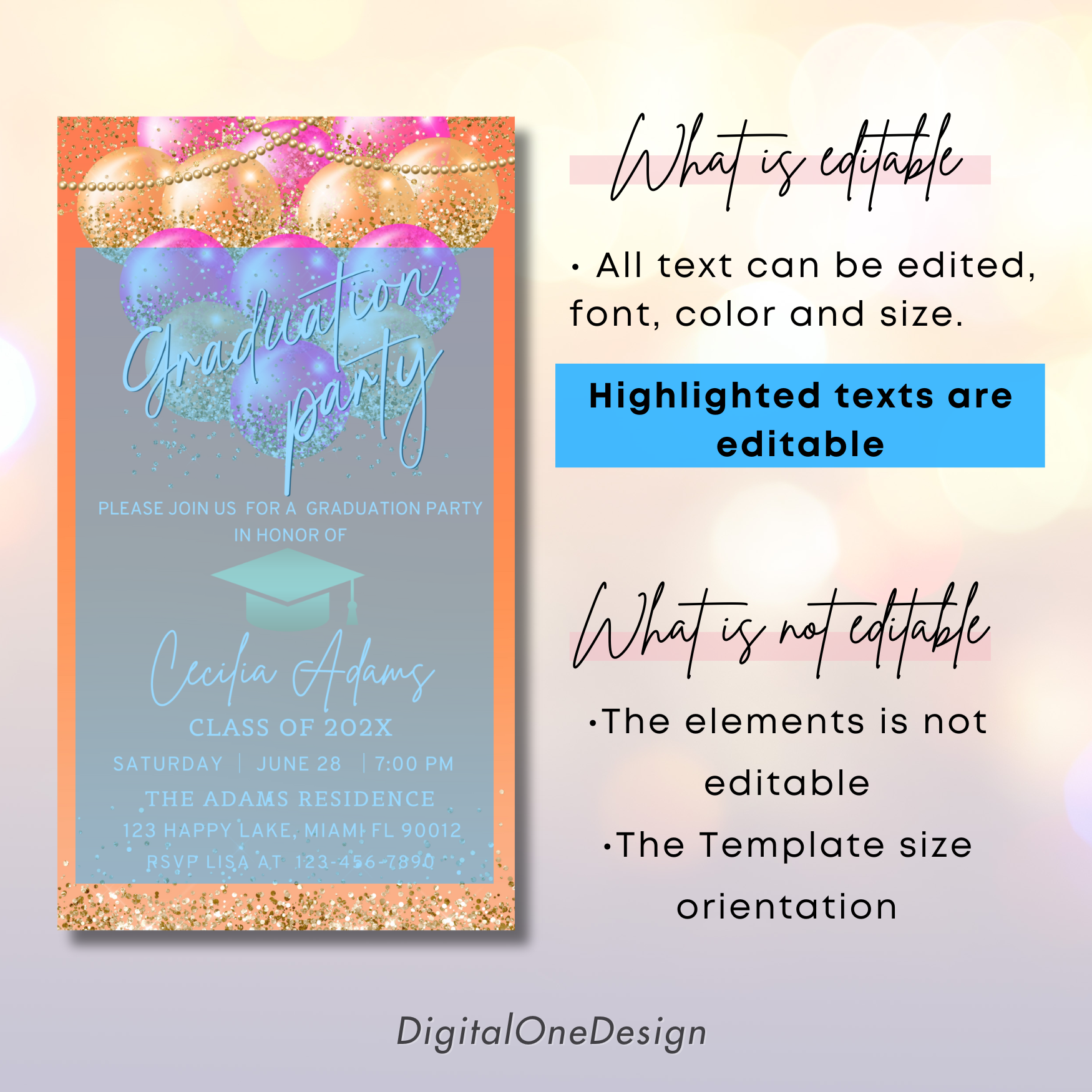 Editable Hot Pink & Orange Graduation Party Invitation