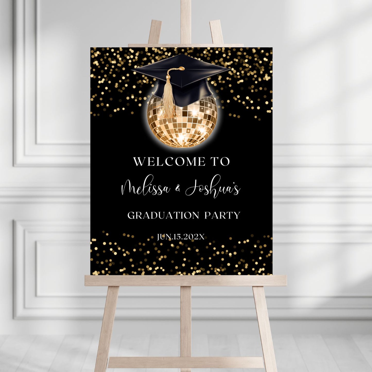 Double Graduation Party Welcome Sign Black & Gold