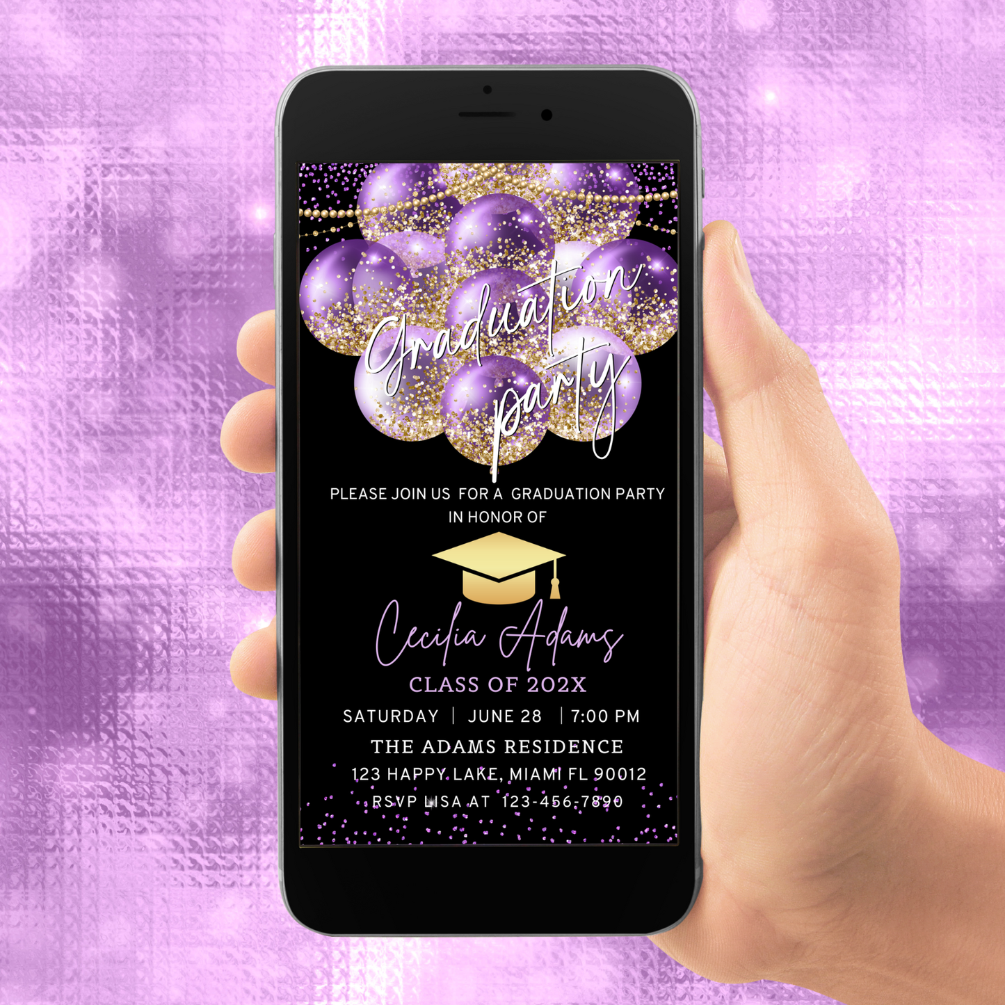 Editable Purple and Gold Graduation Party Invitation