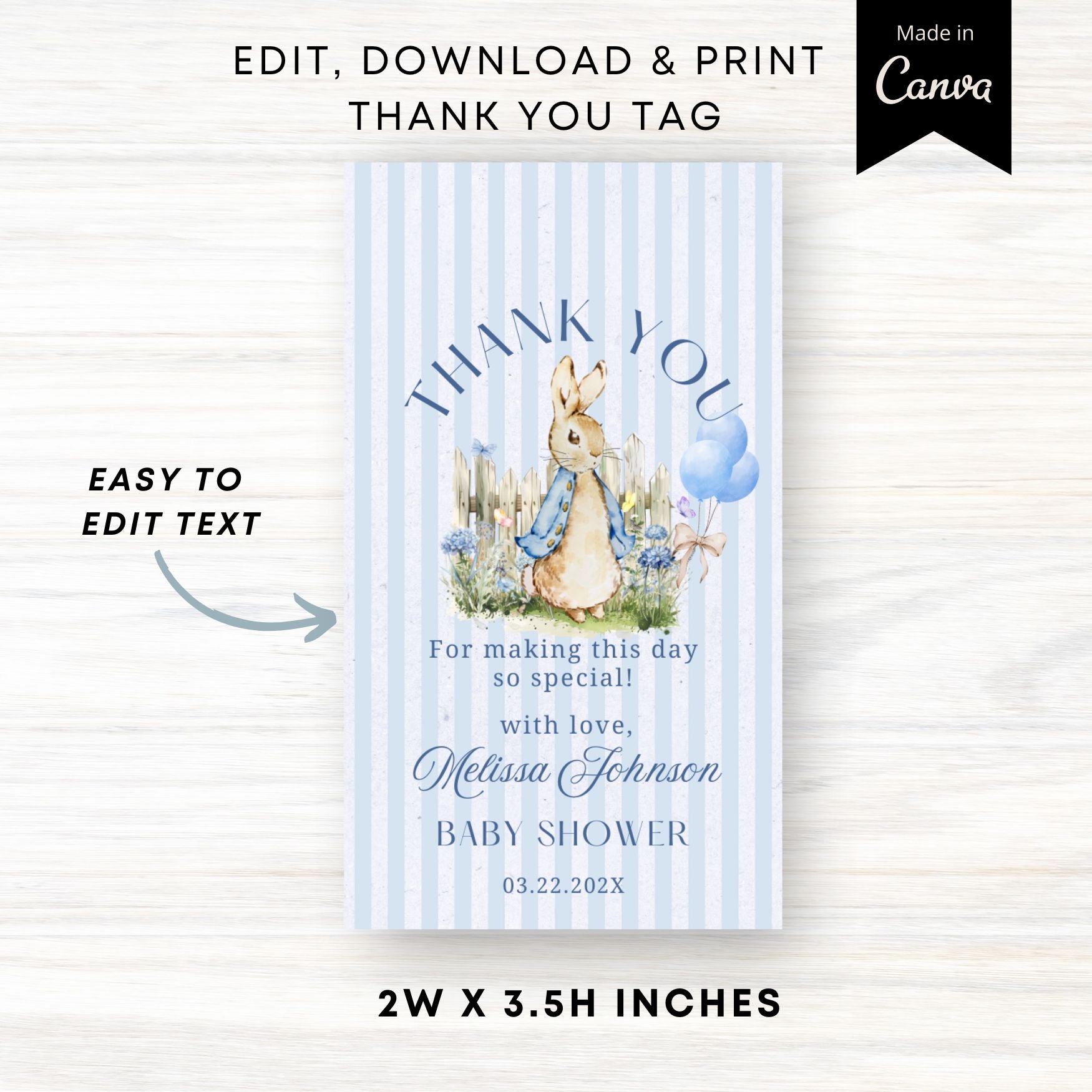 Baby shower thank you tag with Peter Rabbit design on a striped background