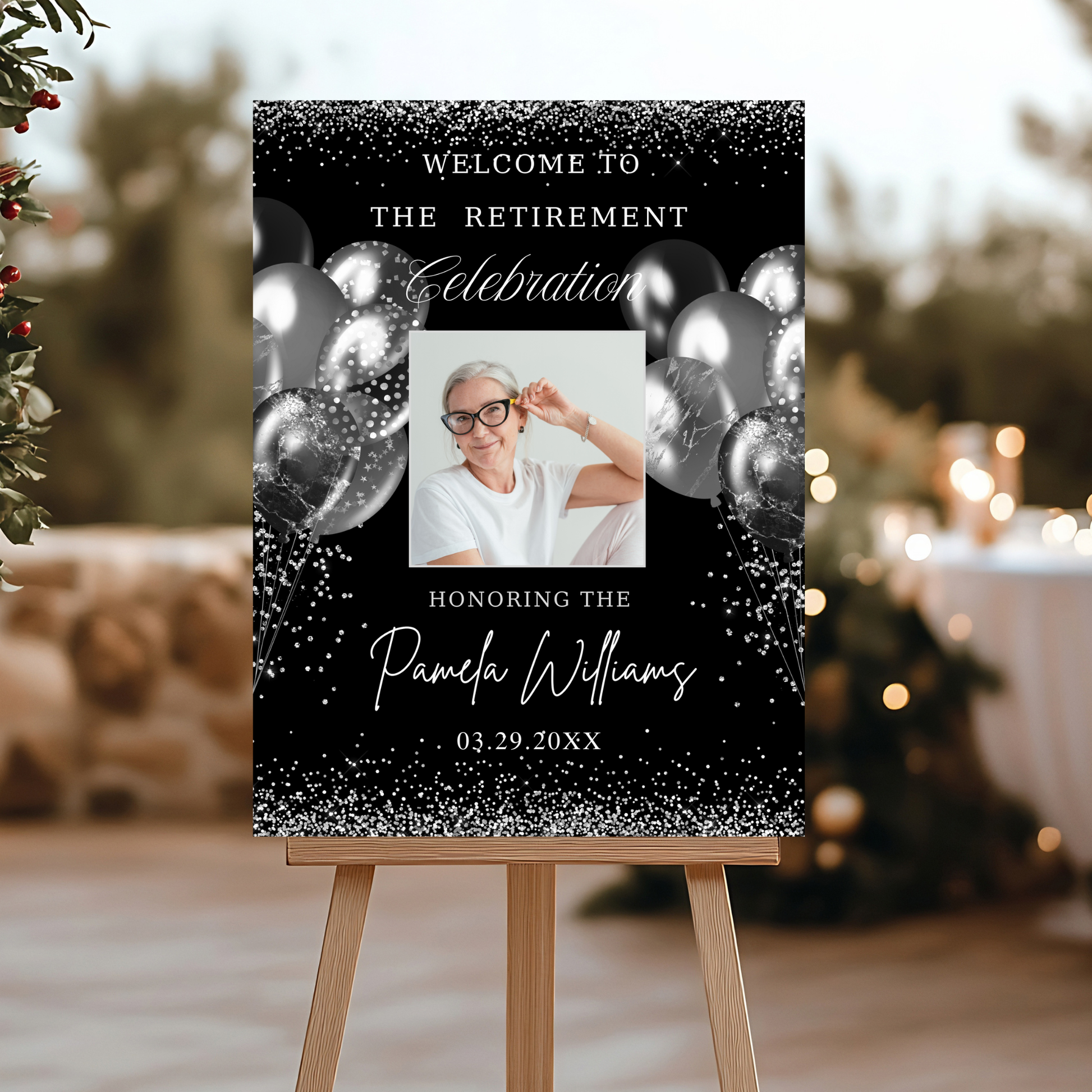 Editable Black and Silver Retirement Party Welcome Sign