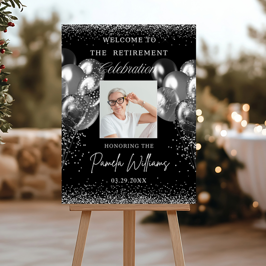 Editable Black and Silver Retirement Party Welcome Sign