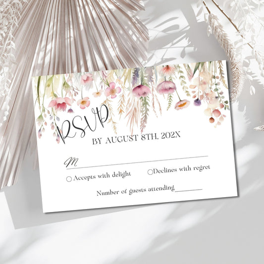 Watercolor Wildflower RSVP card with decorative elements on a white background 
