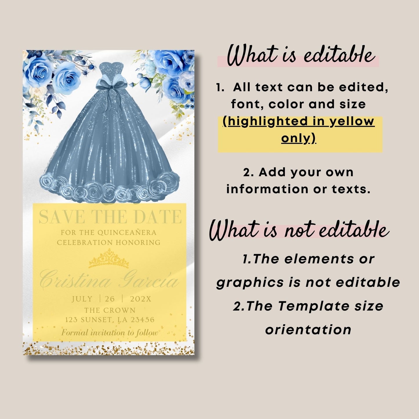 Princess Quinceanera invitation card with blue dress and flowers on a beige background