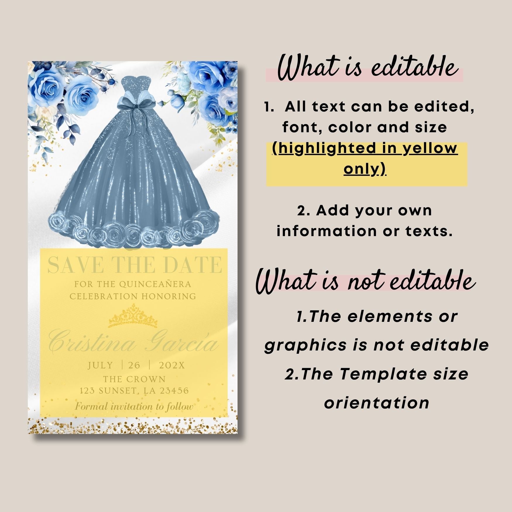 Princess Quinceanera invitation card with blue dress and flowers on a beige background