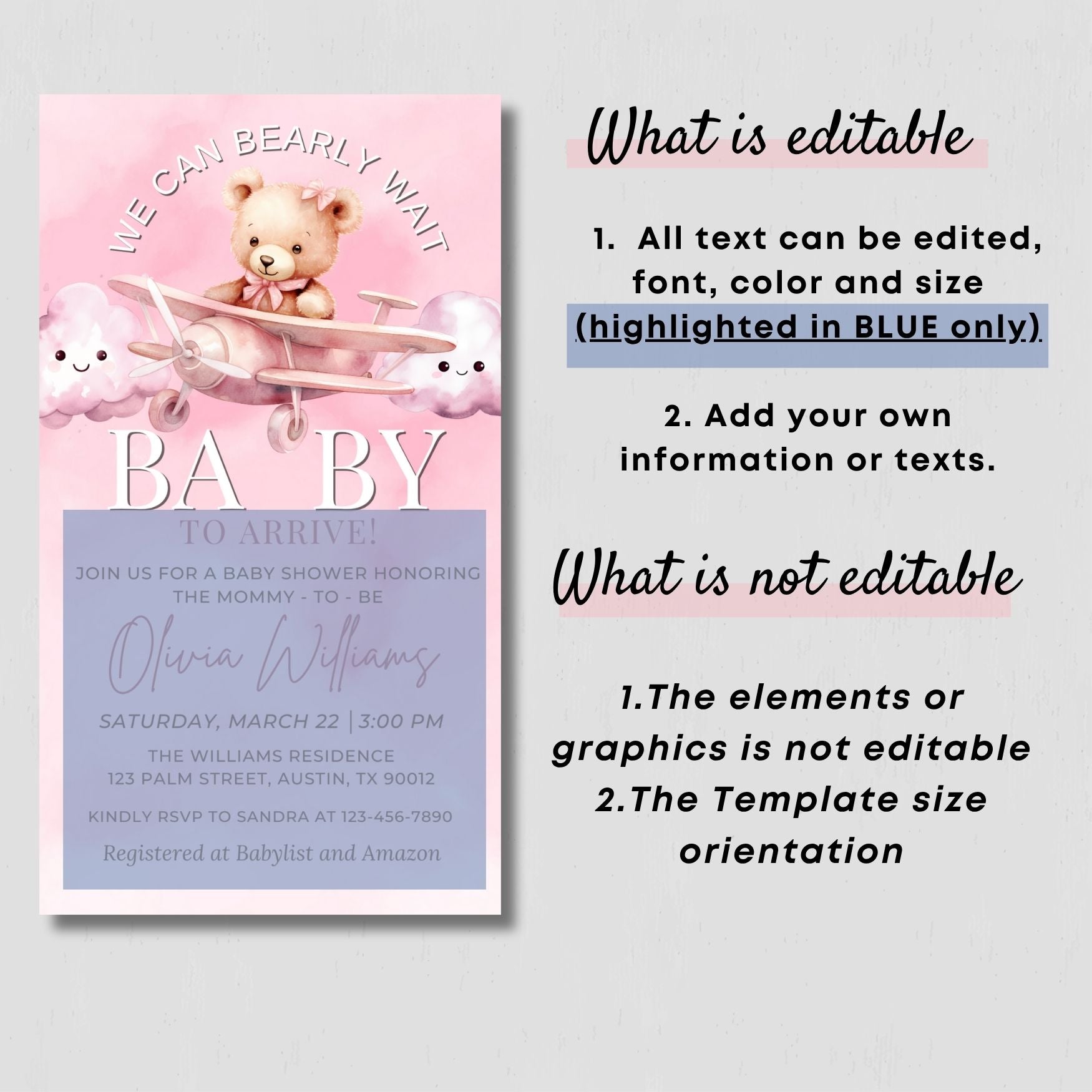 Baby shower invitation with teddy bear and airplane design on a pink background, text overlay explaining editability.