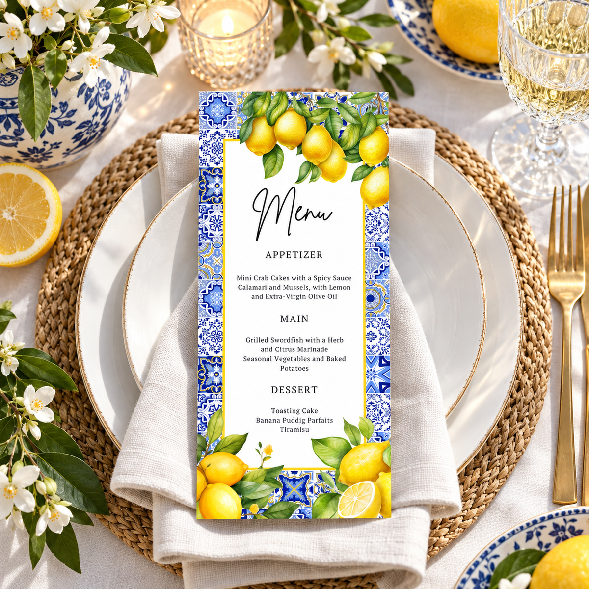 Mediterranean Citrus Lemon Menu Card Template featuring a vibrant design with lemons and elegant text.