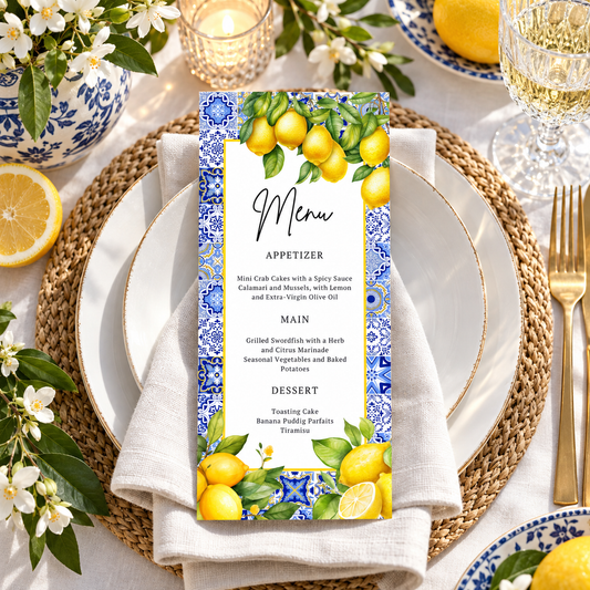 Mediterranean Citrus Lemon Menu Card Template featuring a vibrant design with lemons and elegant text.
