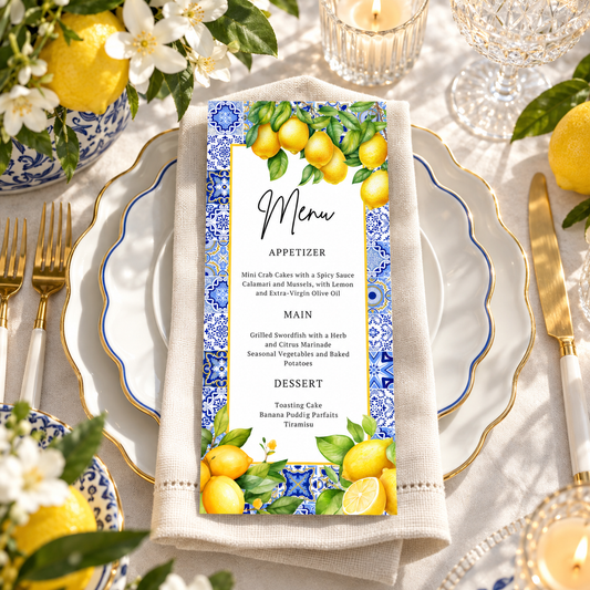 Mediterranean Citrus Lemon Menu Card Template featuring a vibrant design with lemons and elegant dining setup.