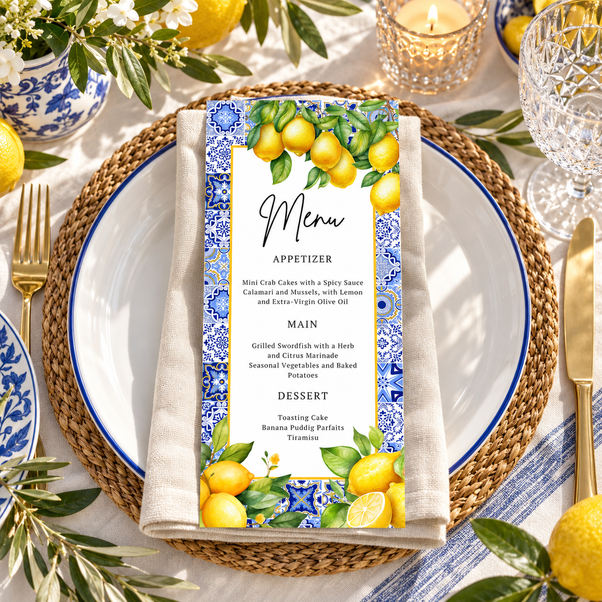 Mediterranean Citrus Lemon Menu Card Template displayed on a plate setting with lemons and decorative elements.