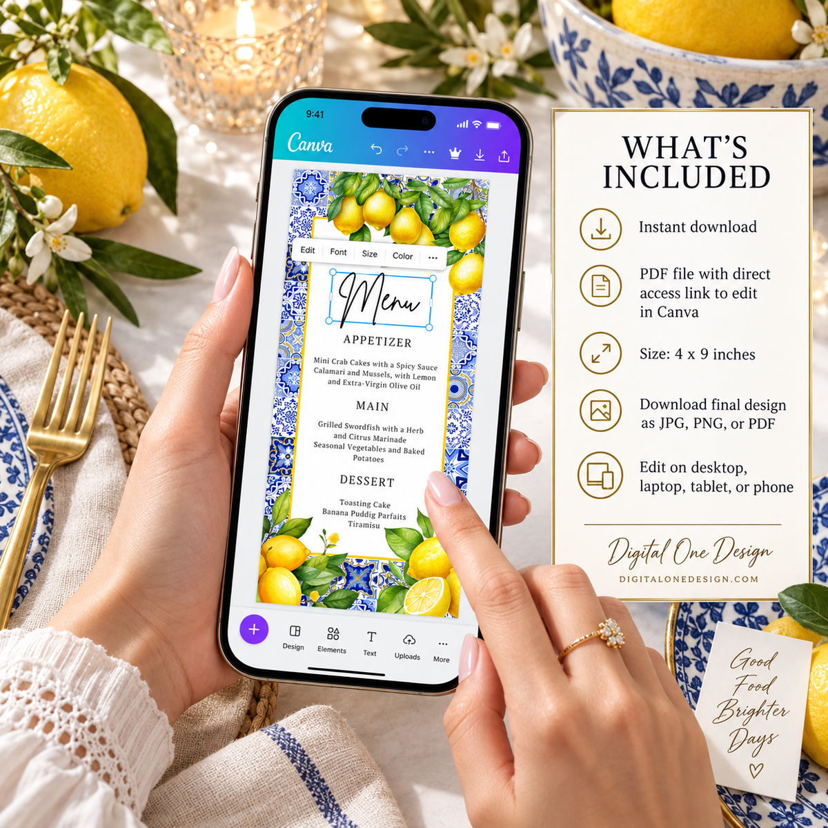 Mediterranean Citrus Lemon Menu Card Template displayed on a phone with detailed editing instructions.