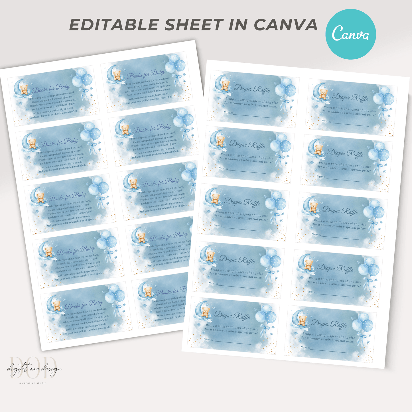 editable we are over the moon baby shower, Diaper Raffle and Books for baby cards