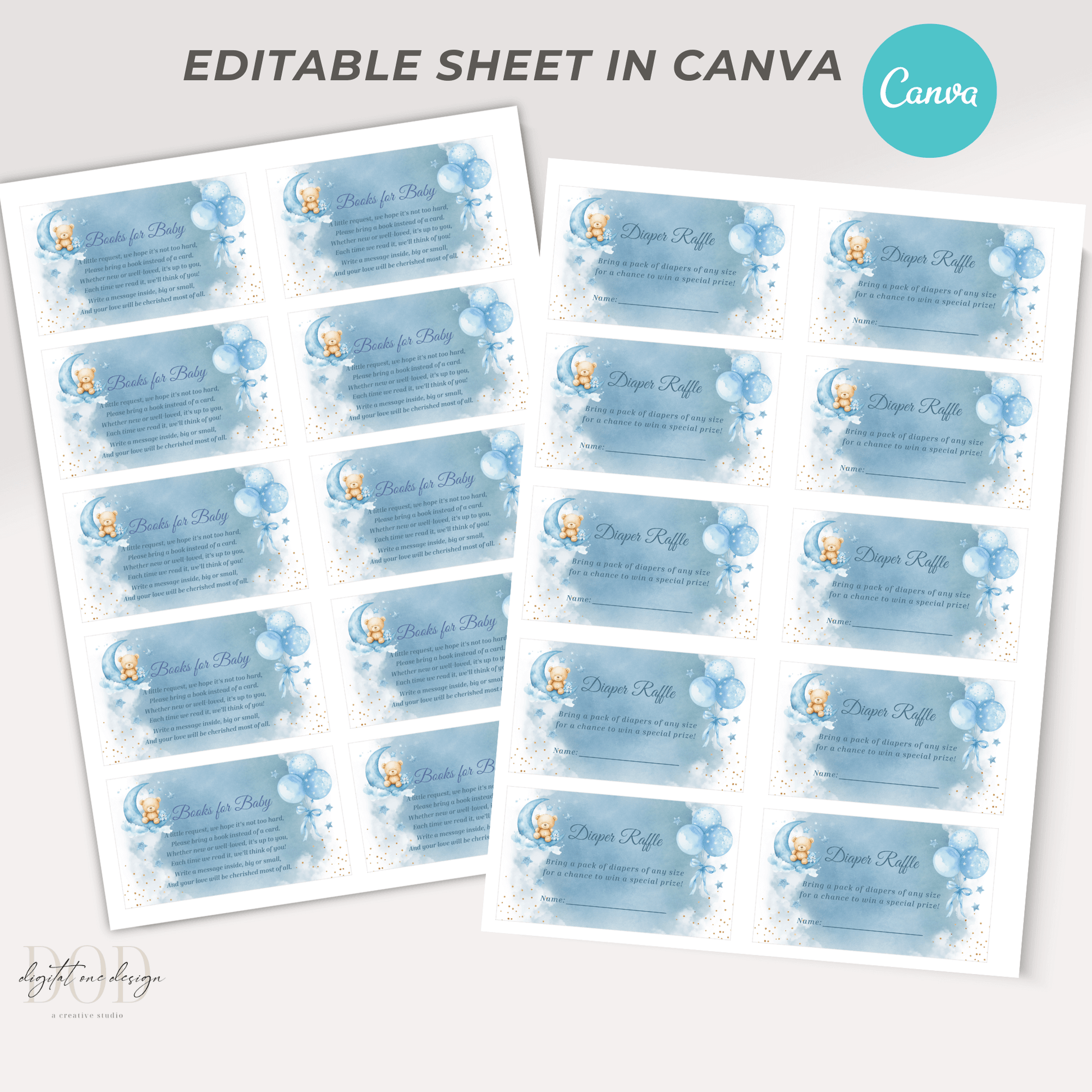 editable we are over the moon baby shower, Diaper Raffle and Books for baby cards