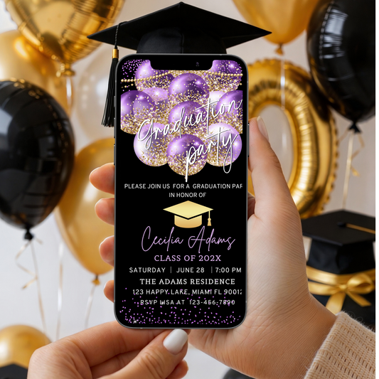 Editable Purple and Gold Graduation Party Invitation
