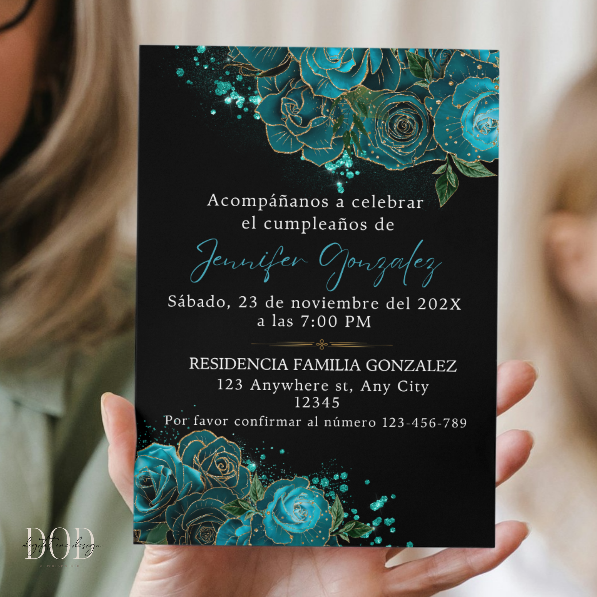 Elegant Spanish Teal Floral Birthday Invitation