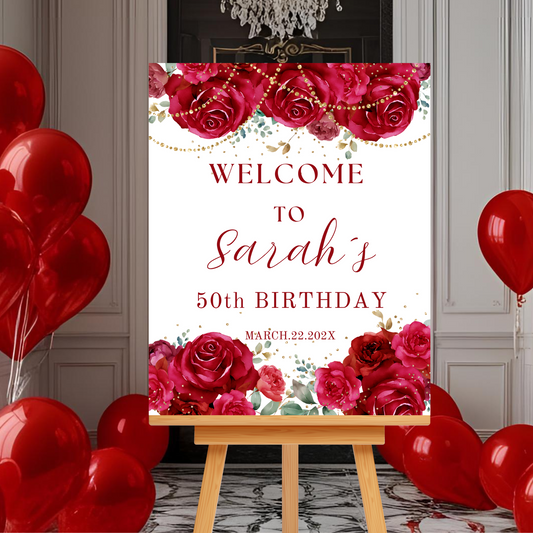 Red Roses Birthday Party Welcome Sign