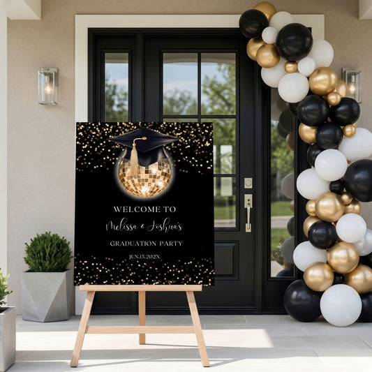 Double Graduation Party Welcome Sign Black & Gold