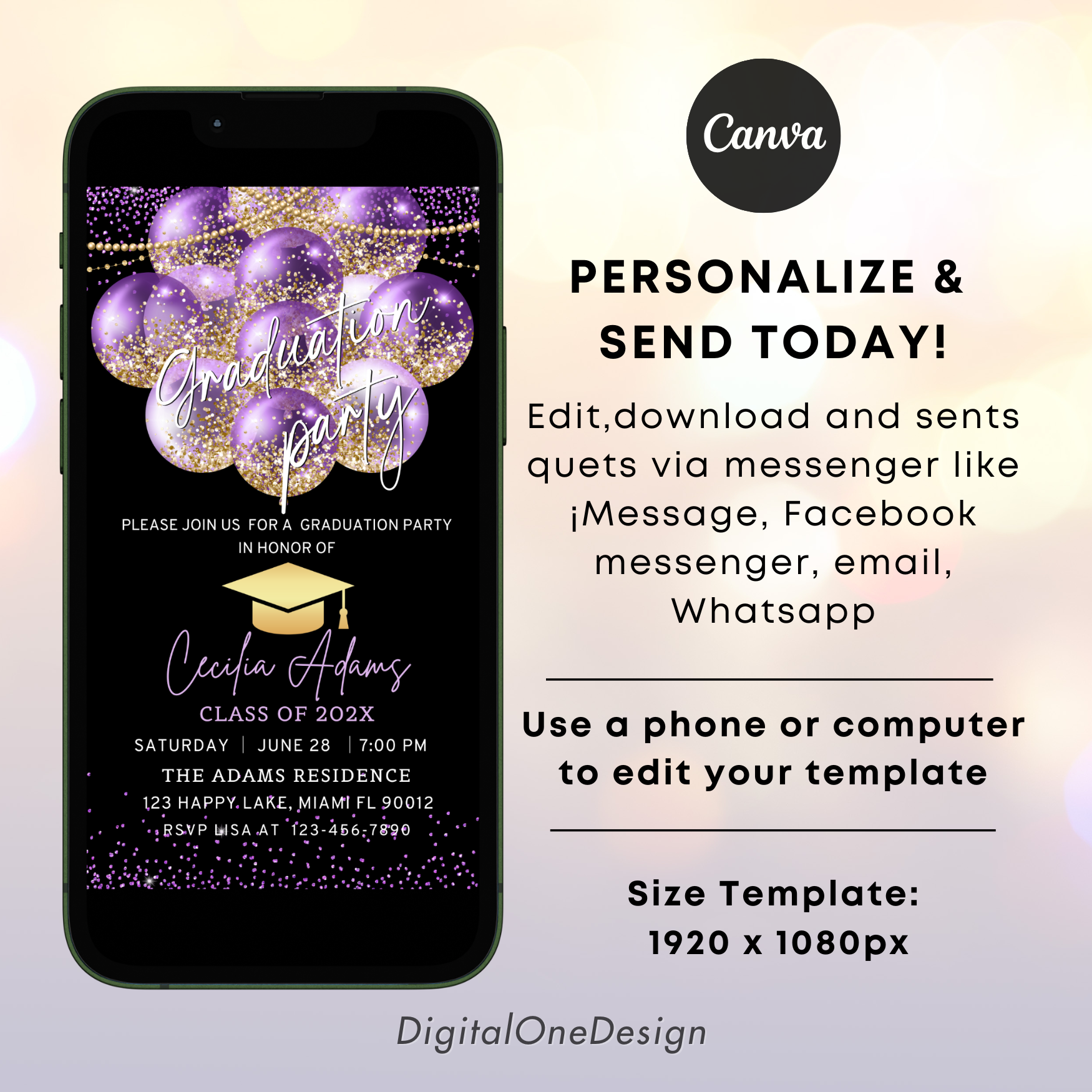 Editable Purple and Gold Graduation Party Invitation