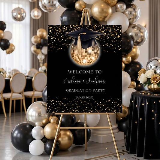 Double Graduation Party Welcome Sign Black & Gold