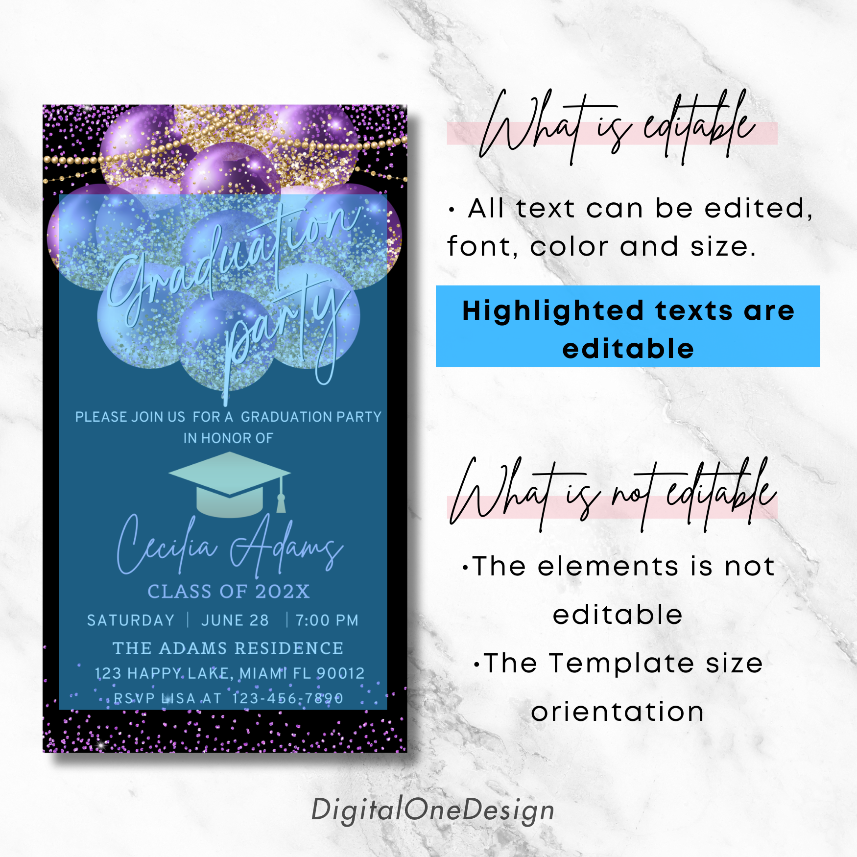 Editable Purple and Gold Graduation Party Invitation