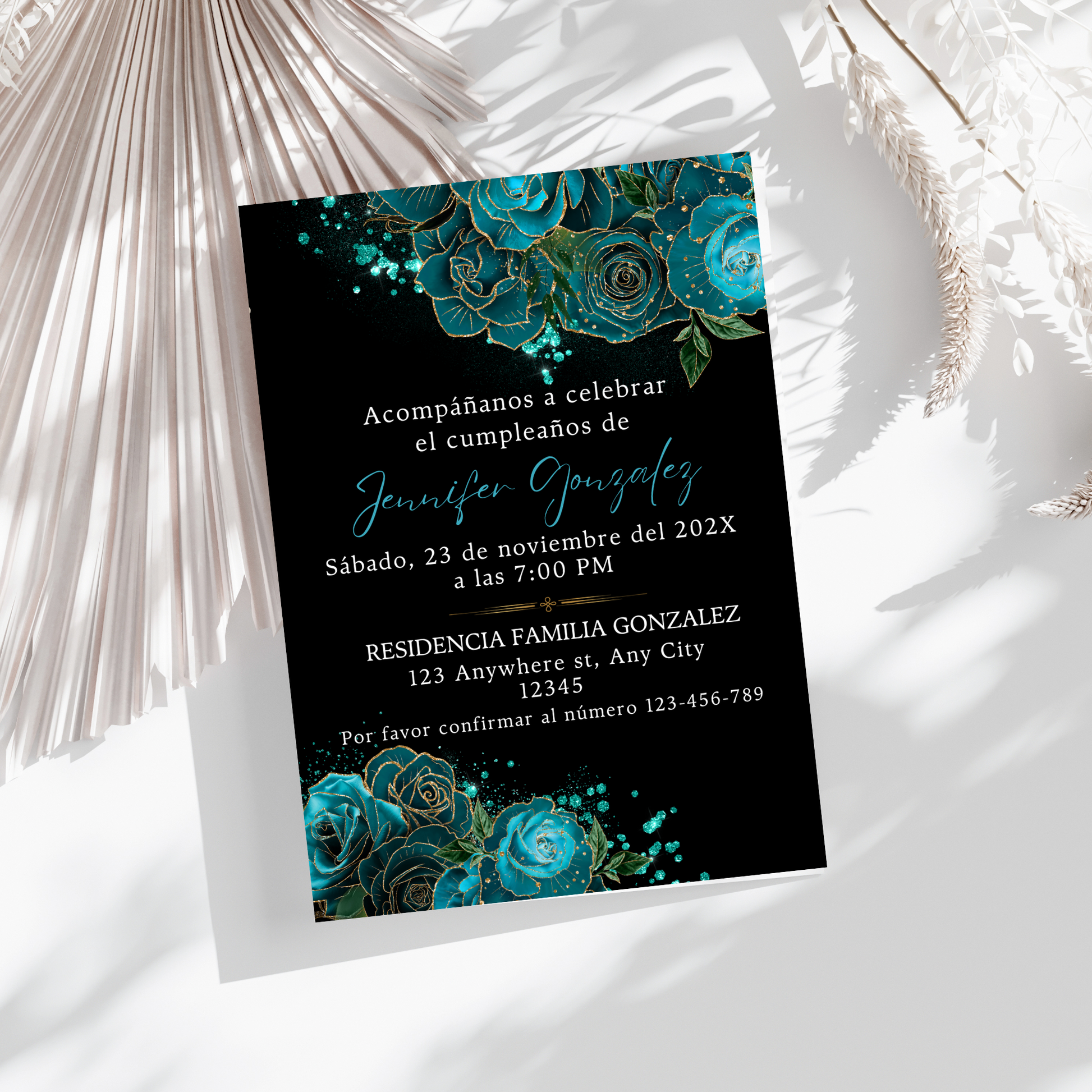 Elegant Spanish Teal Floral Birthday Invitation