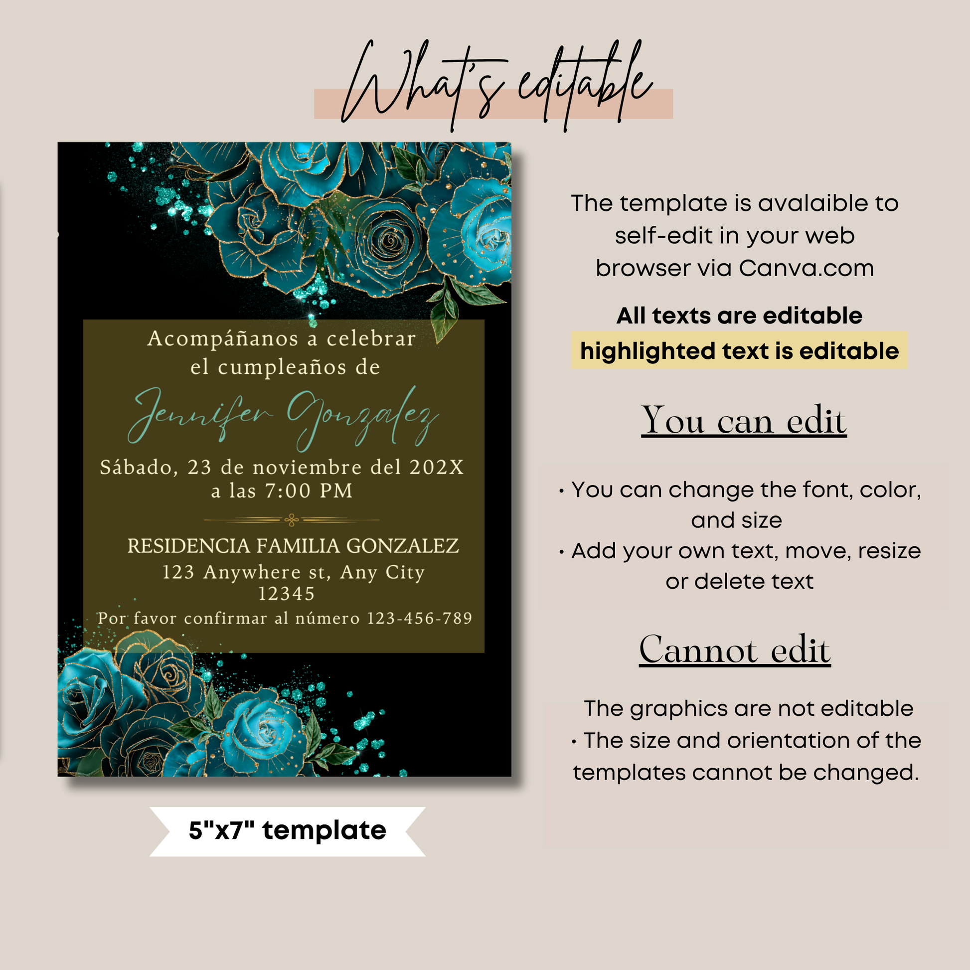 Elegant Spanish Teal Floral Birthday Invitation