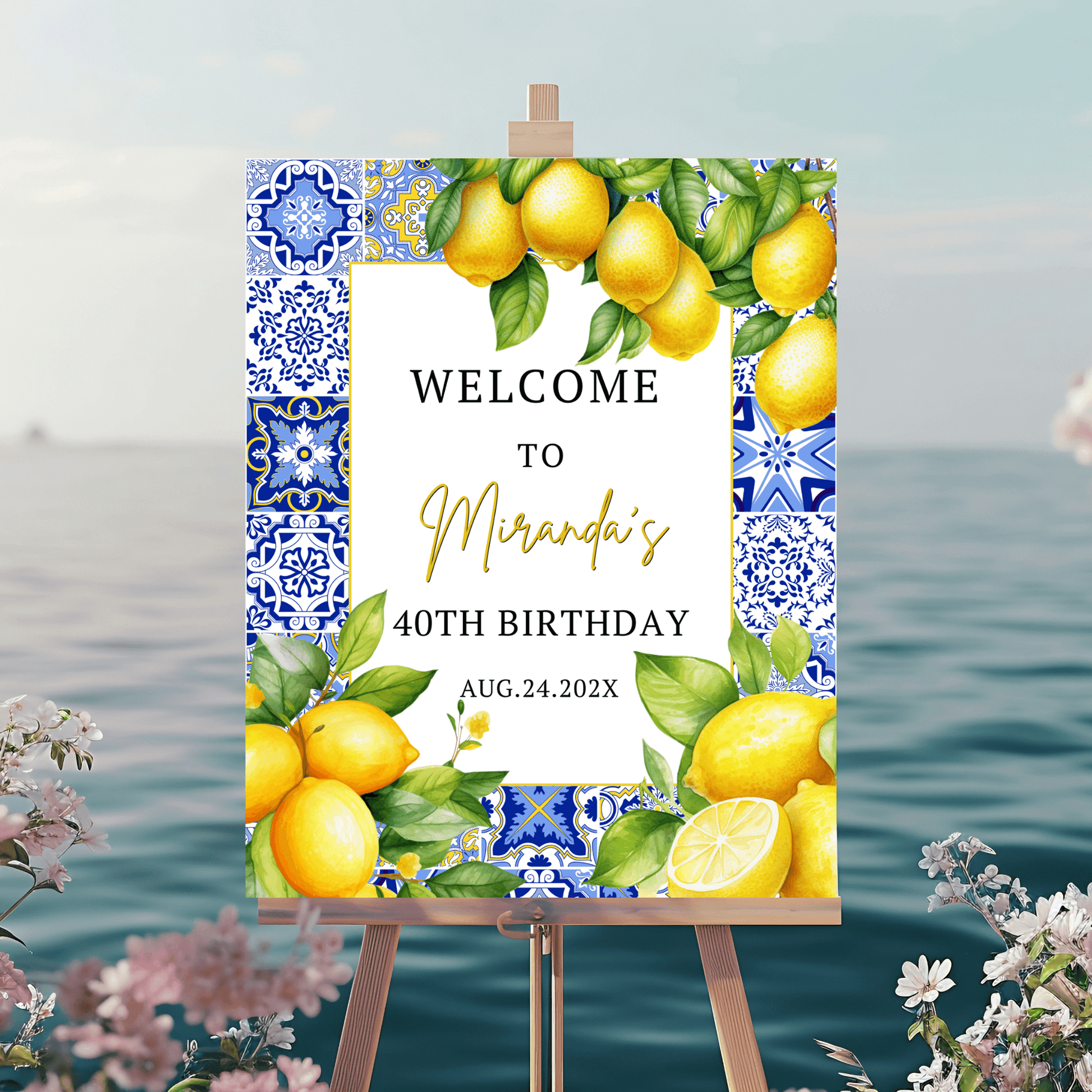 Editable Mediterranean Blue Tile & Citrus Lemons Poster 