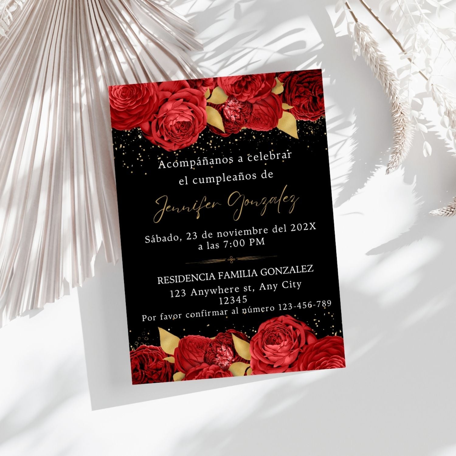 Spanish Red Floral Birthday Invitation Template