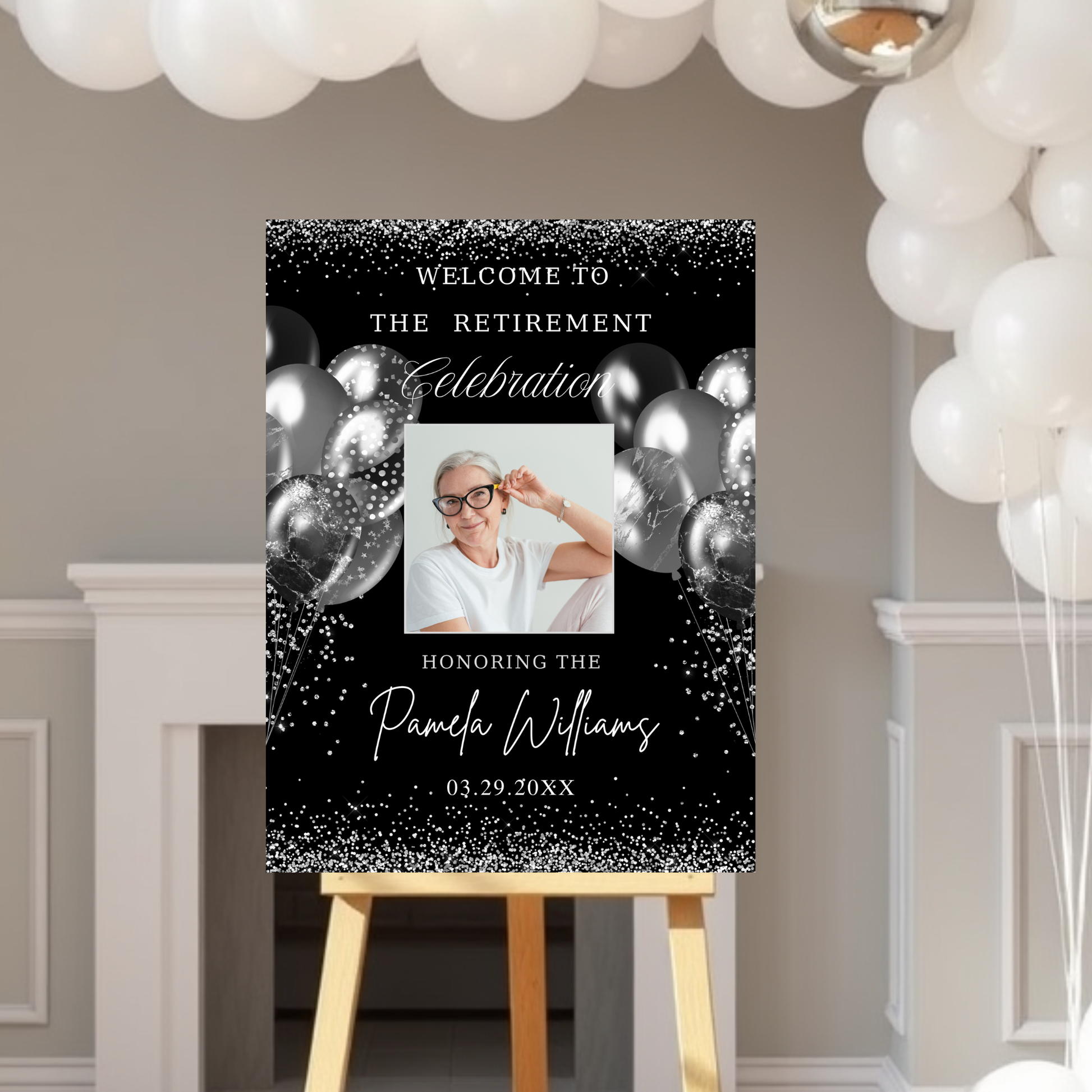 Editable Black and Silver Retirement Party Welcome Sign