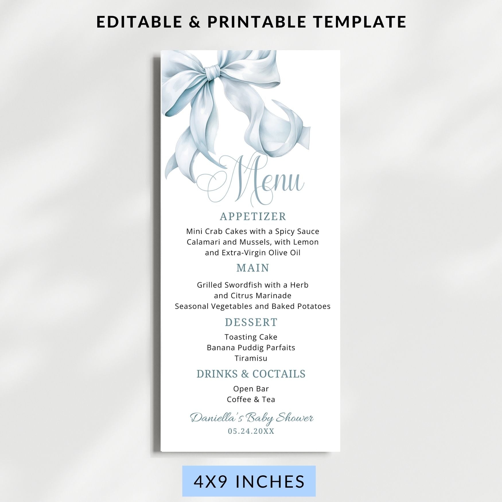 Editable Menu template with a decorative Dusty Blue bow on a light gray background