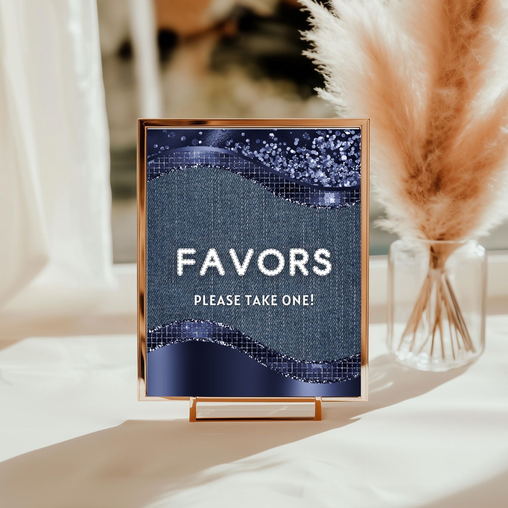 Favors Bue jeans sign with decorative elements on a table