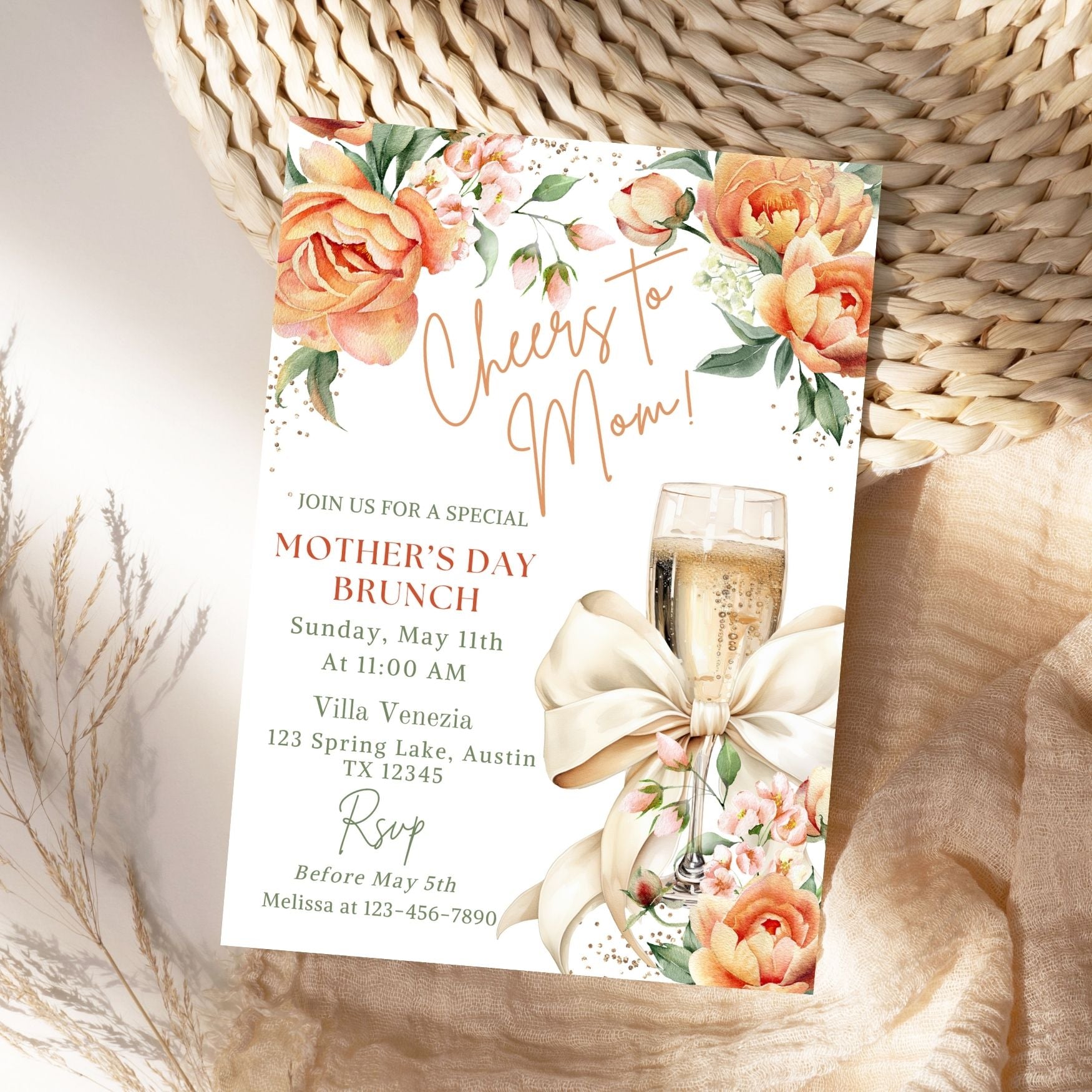 Peach Floral Mother's Day Brunch Invitation