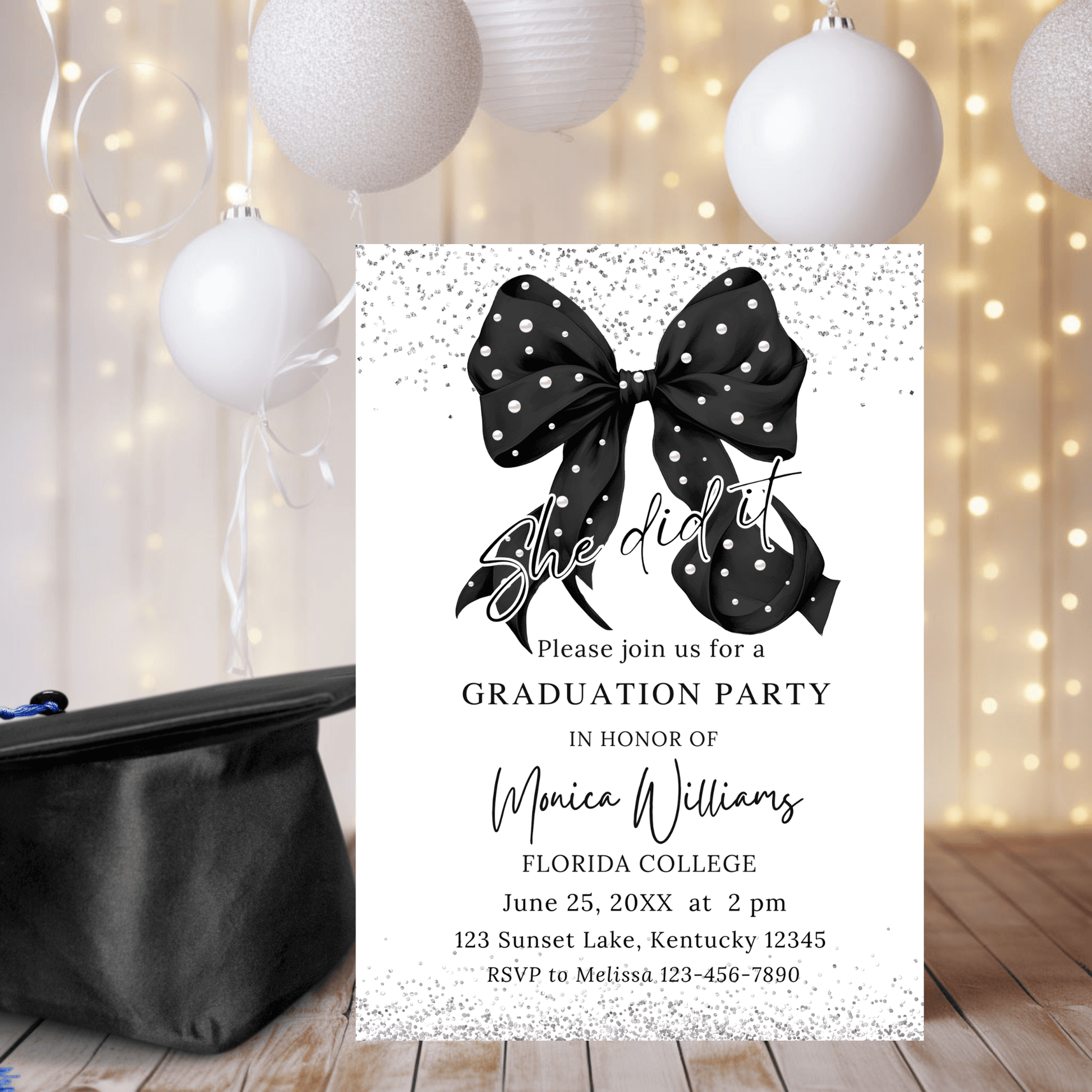 Elegant Black Bow and Pearls Graduation Party Invite template
