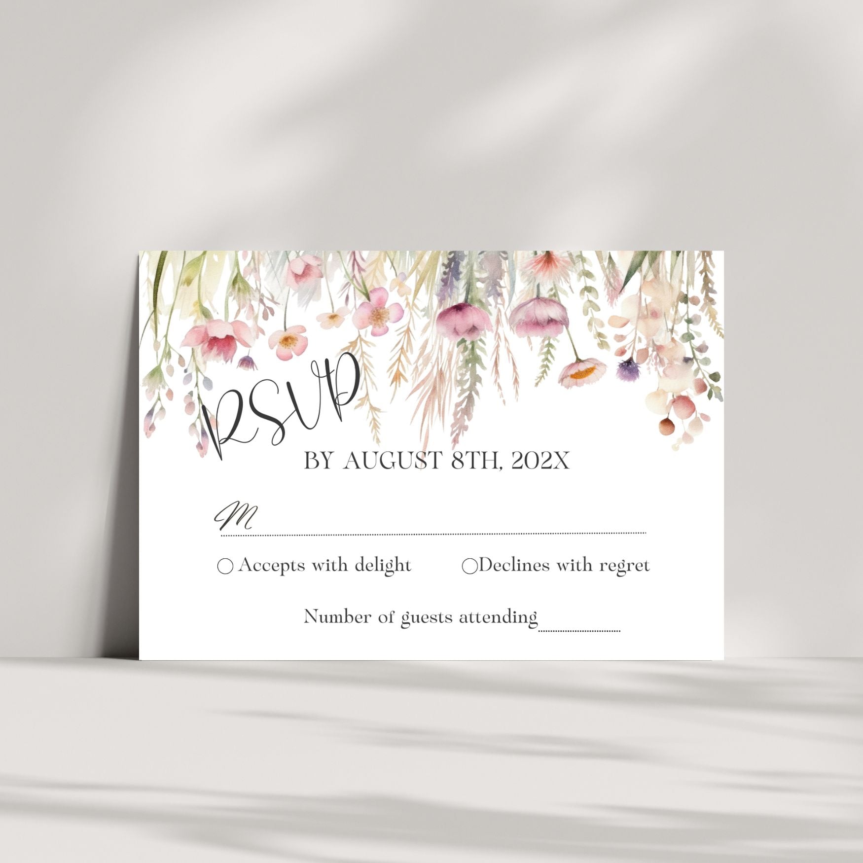 RSVP card with wildflowers design on a white background