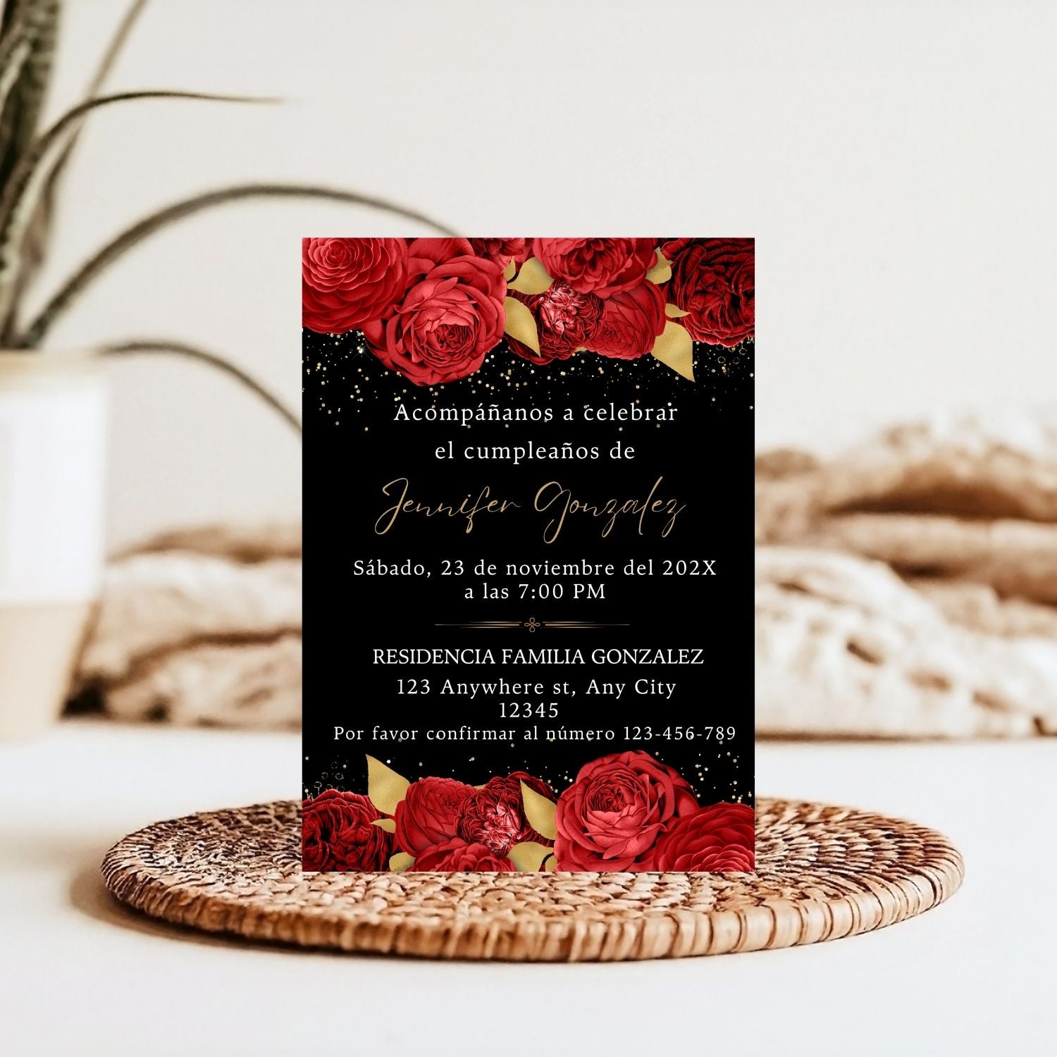 Spanish Red Floral Birthday Invitation Template