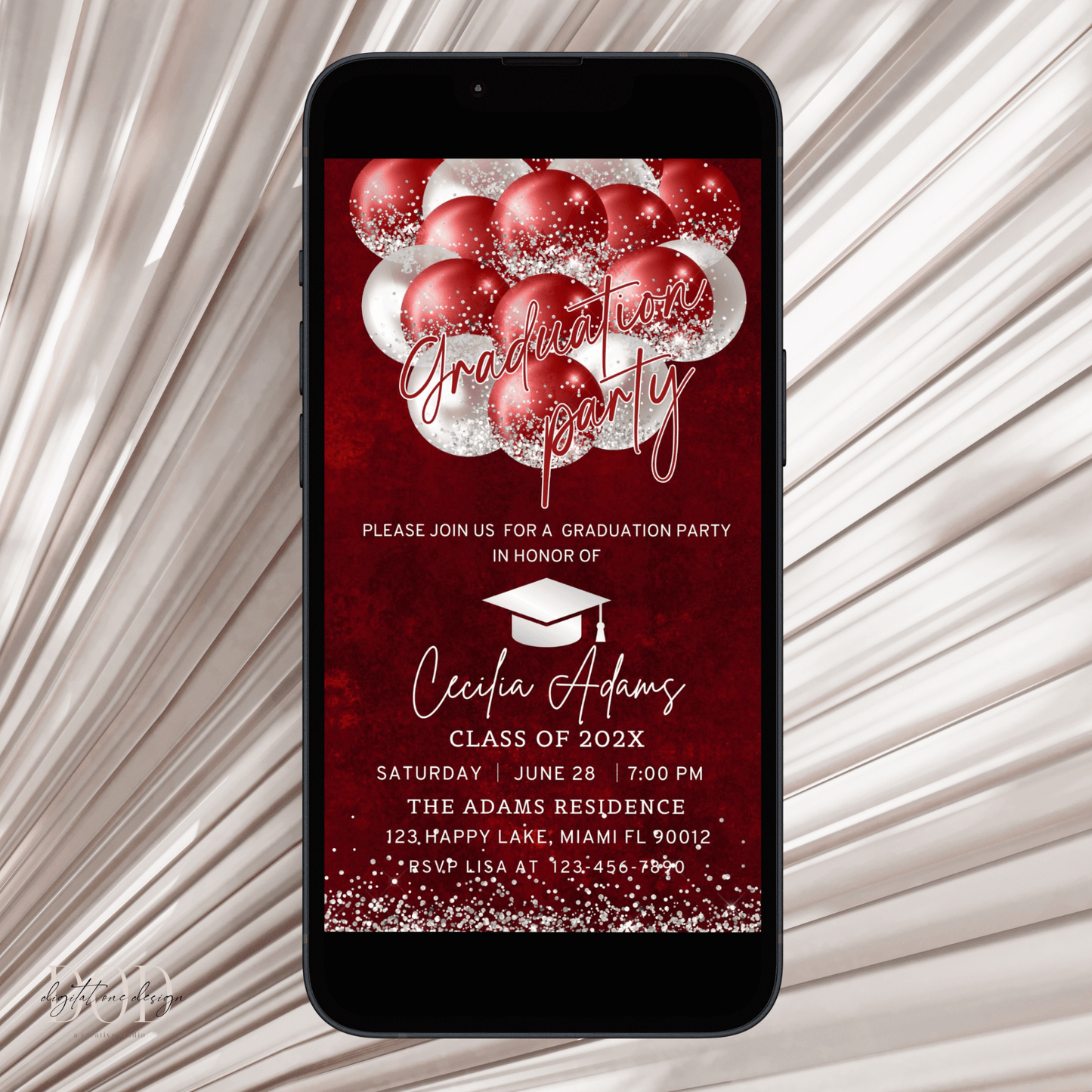 Red and silver balloons Graduation party Invitation