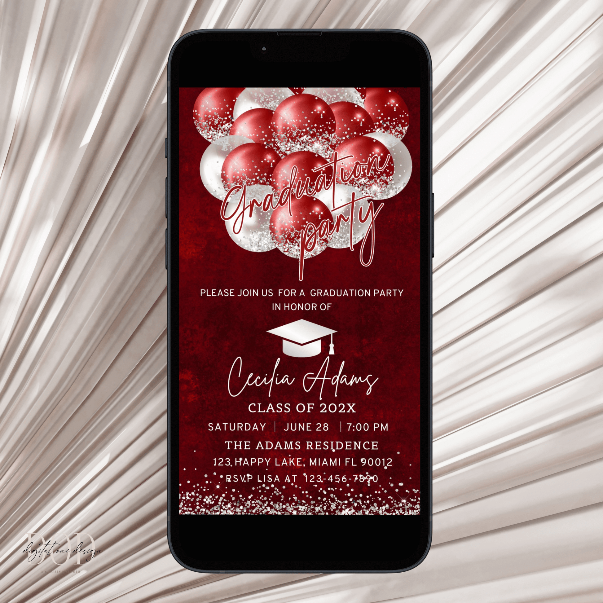 Red and silver balloons Graduation party Invitation