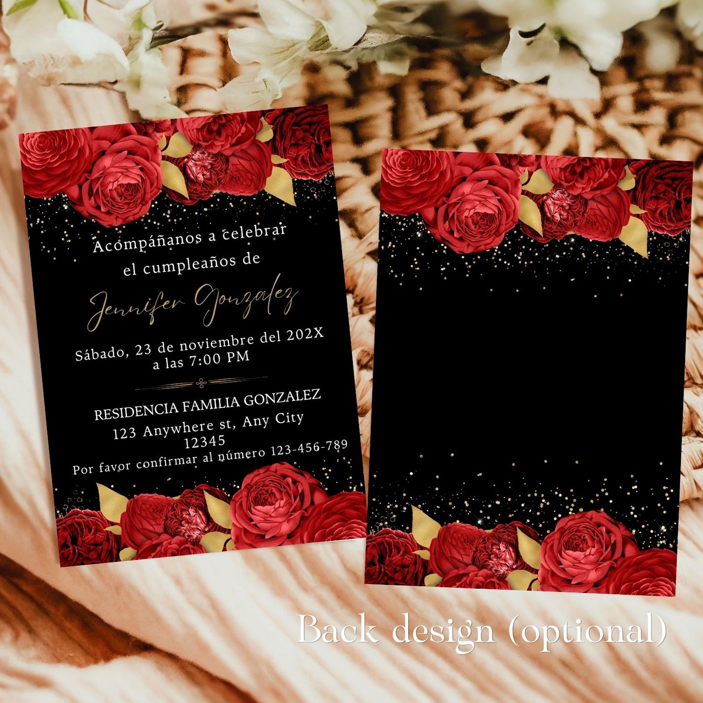 Spanish Red Floral Birthday Invitation Template