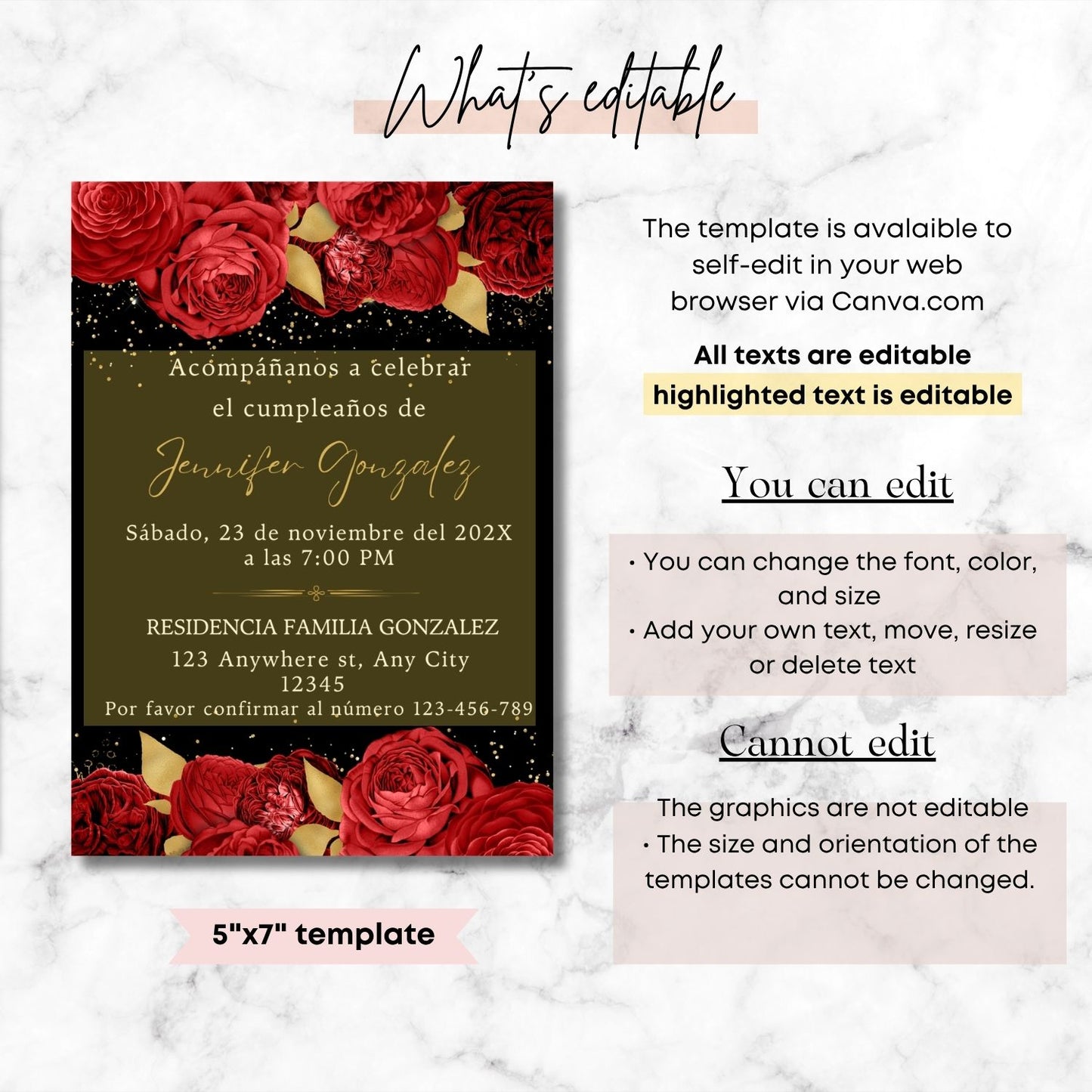 Spanish Red Floral Birthday Invitation Template