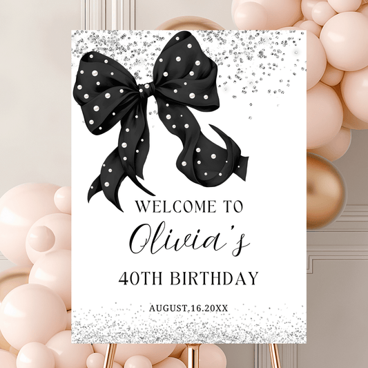 Black Bow & Pearls Welcome Sign