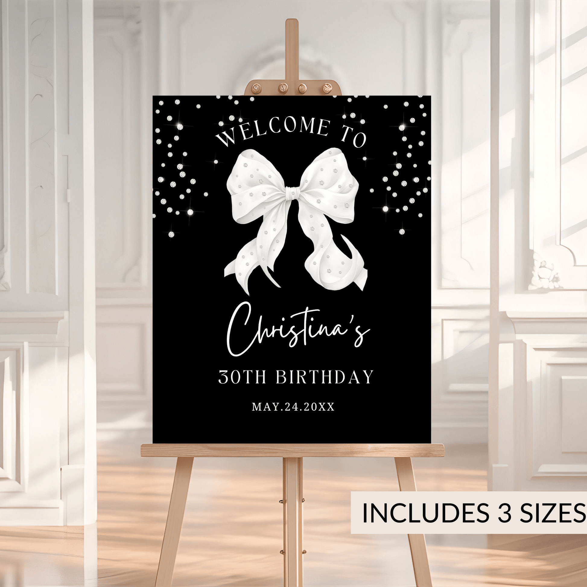 White & Diamonds Bow Birthday Poster