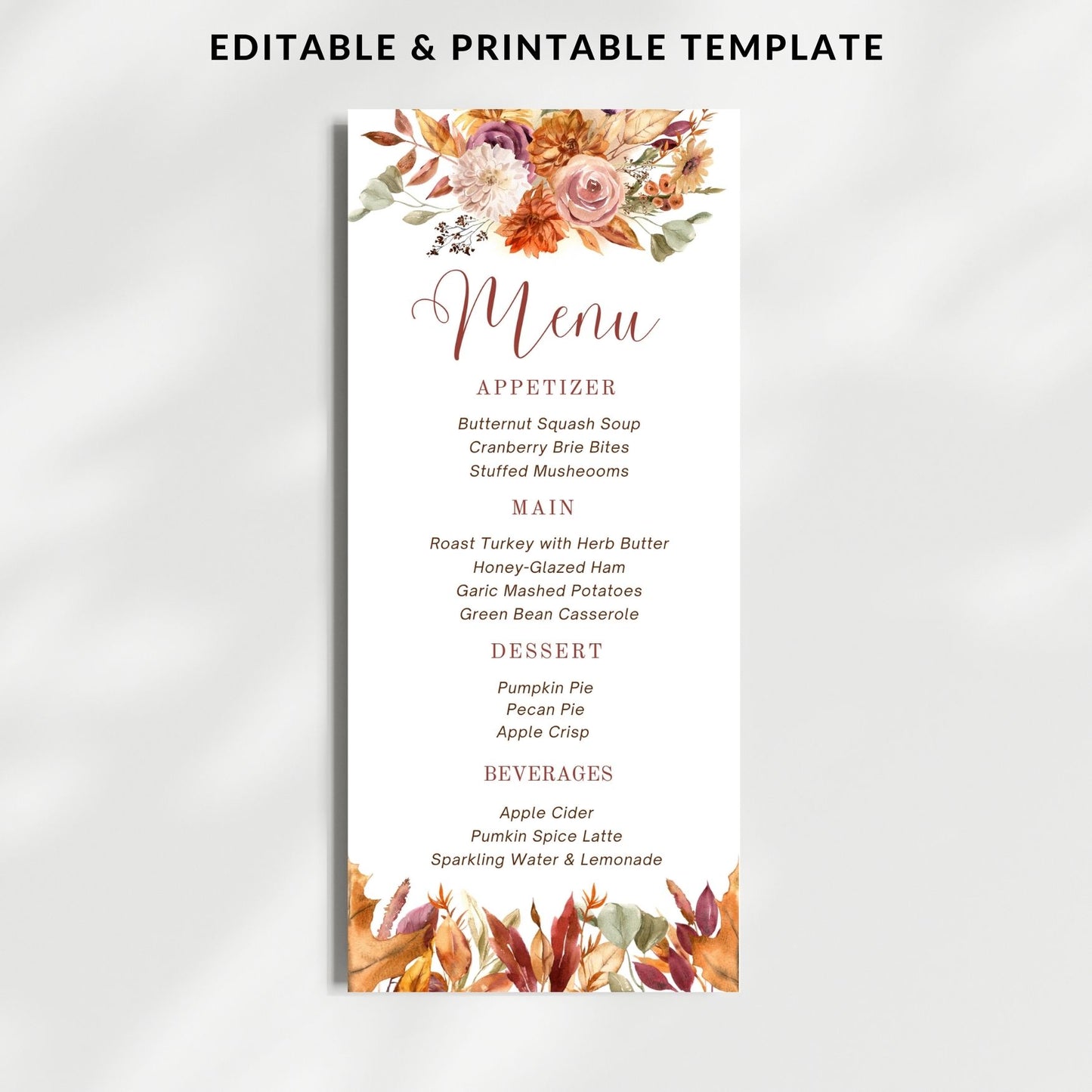Editable Autumn Menu template with autumn-themed design on a white background