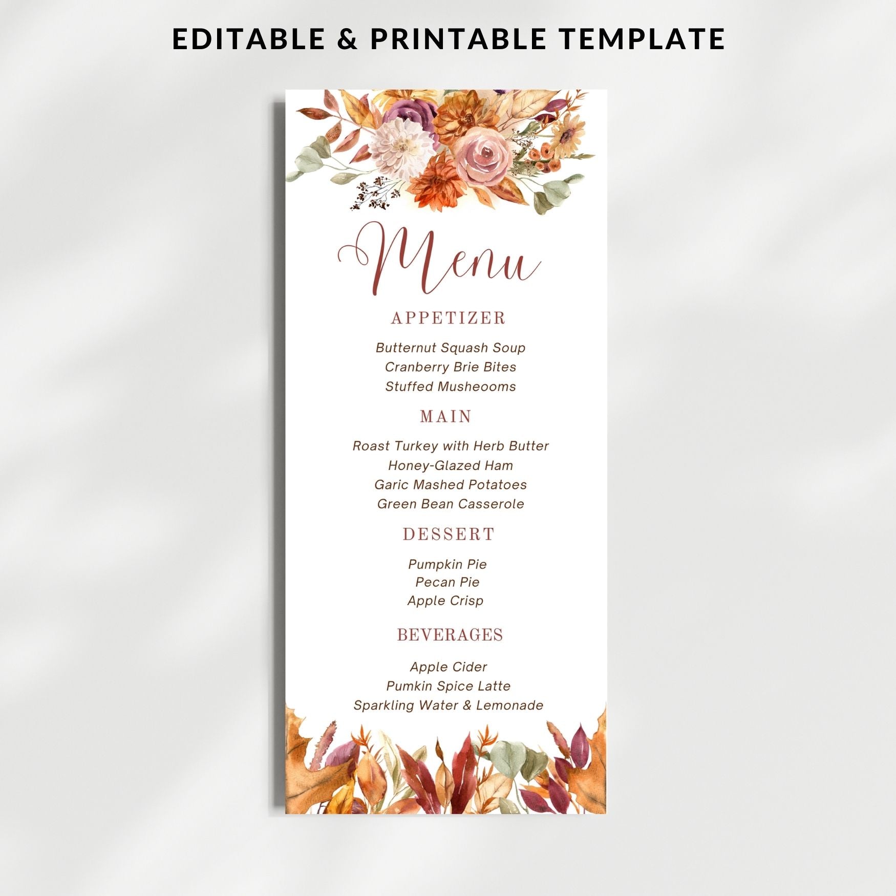 Editable Autumn Menu template with autumn-themed design on a white background