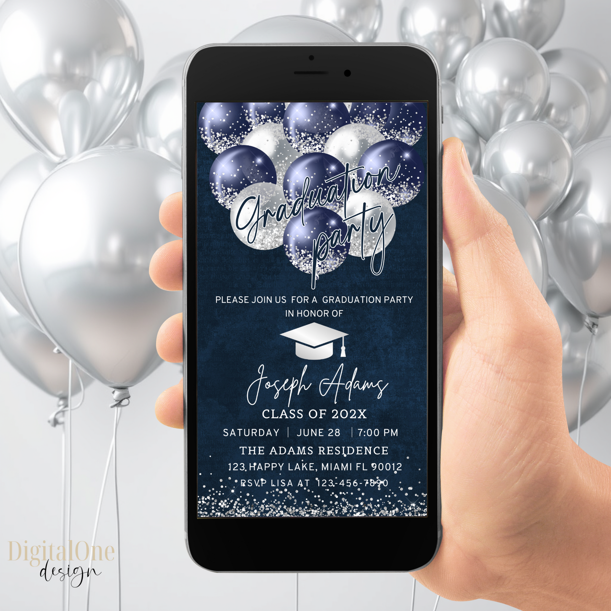 Navy Blue and Silver Balloons Graduation Party Invitation