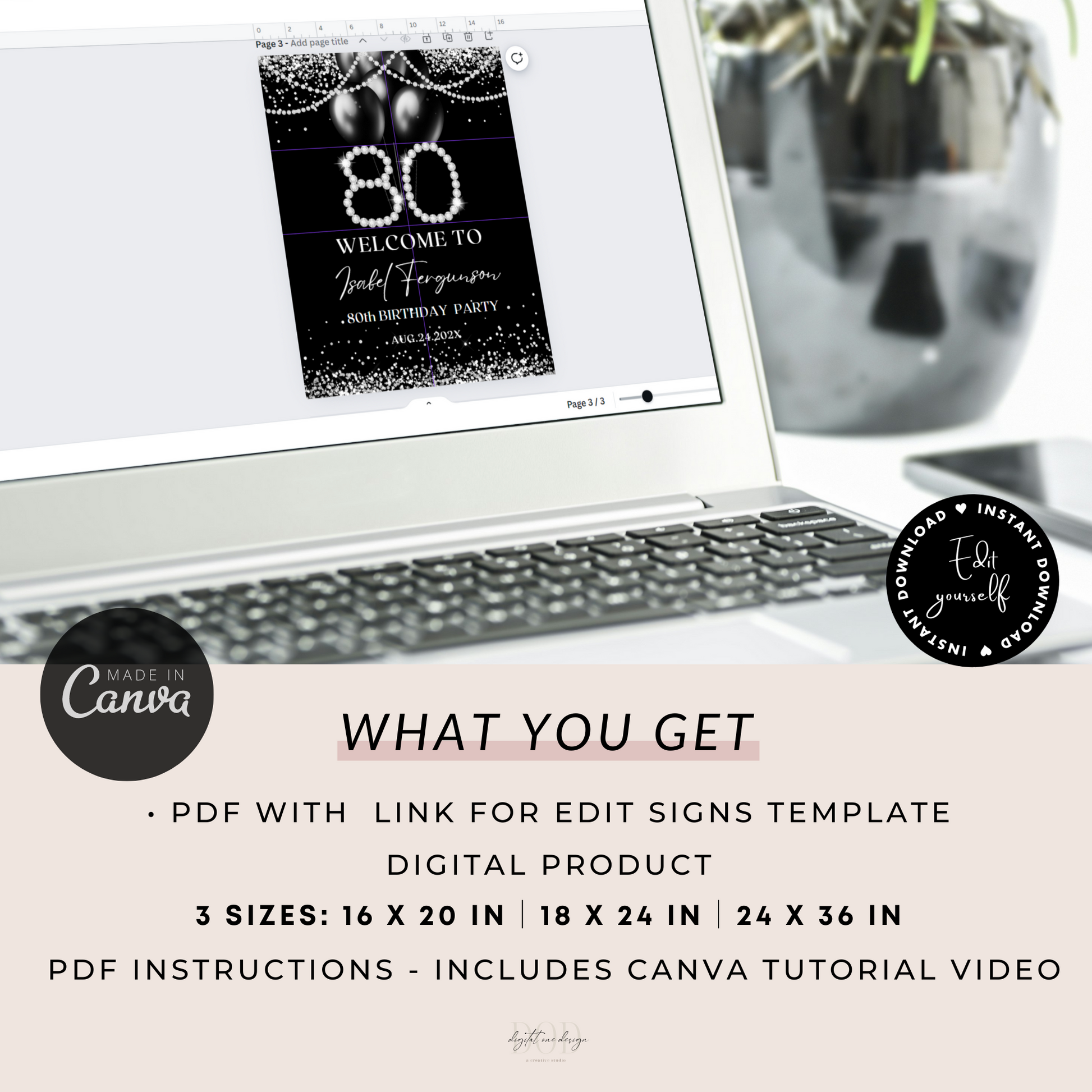 Elegant 80th Birthday Welcome Sign Template on digital display with Canva instructions and size options
