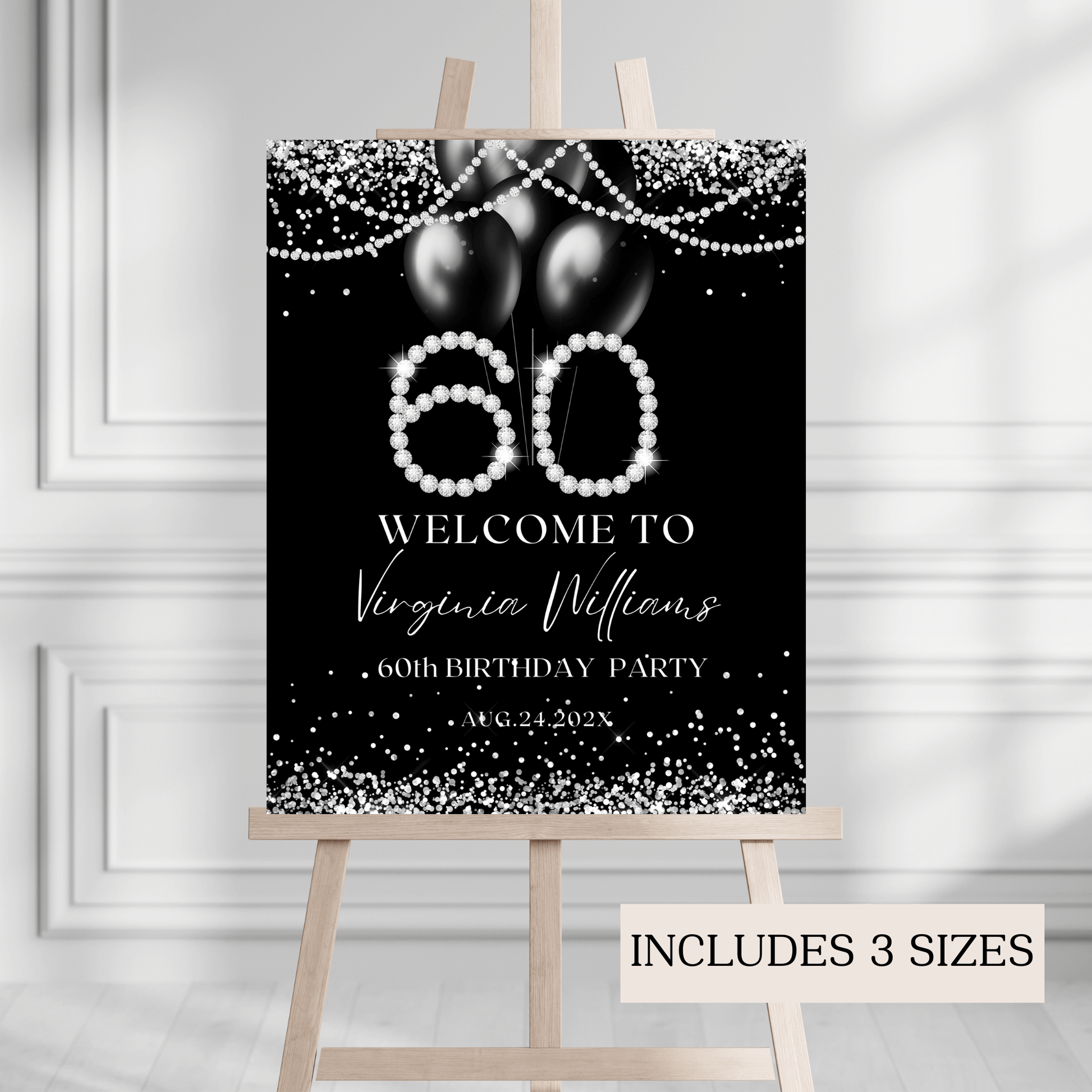 Elegant Silver and Black 60th Birthday Welcome sign