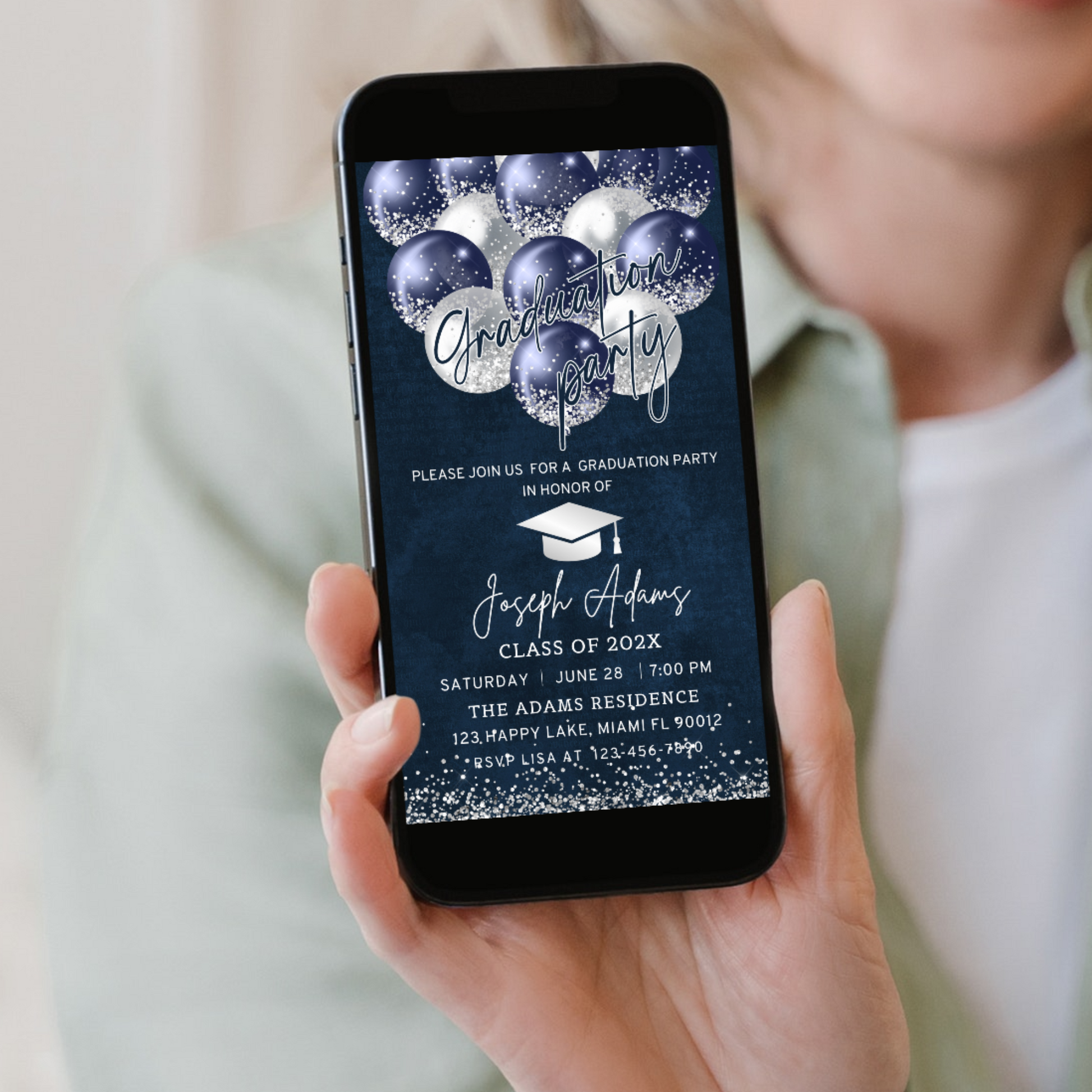 Elegant Blue Glitter balloons Grad Party Evite