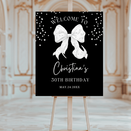 Elegant White & Diamond Bow Welcome Sign